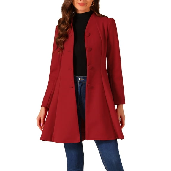 INSPIRE CHIC Women's Winter Coat A-Line Long Sleeve Single Breasted Peplum Hem Long Coat L Red