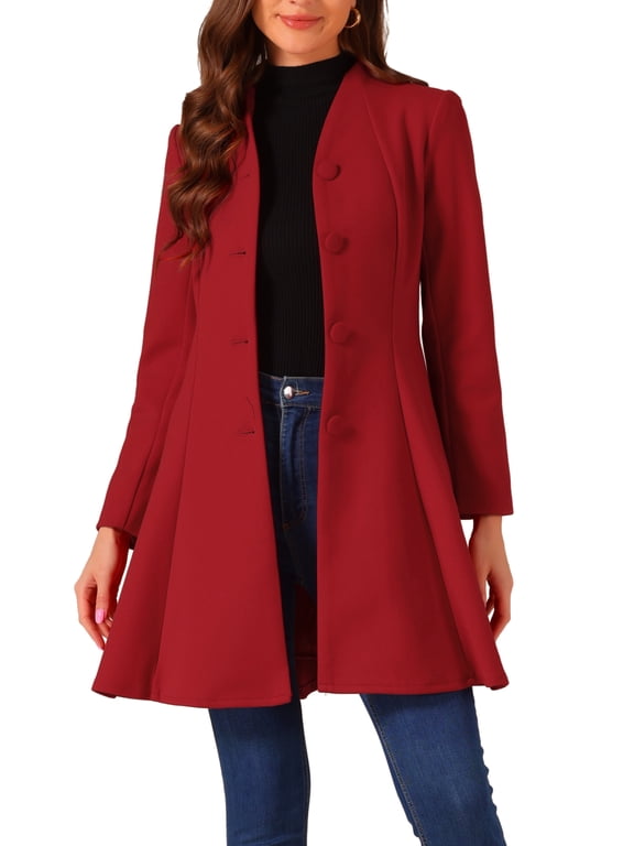 Women's Single Breasted Coat A Line Mid-Long Peacoats Outerwear Winter Coats L Red