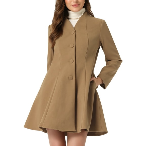 INSPIRE CHIC Women's Winter Coat A-Line Long Sleeve Single Breasted Peplum Hem Long Coat L Brown