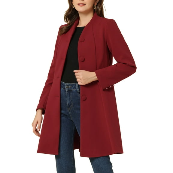 INSPIRE CHIC Women's Winter Coat A-Line Long Sleeve Single Breasted Peplum Hem Long Coat M Dark Red