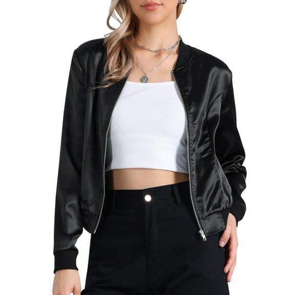 INSPIRE CHIC Women's Bomber Jacket Slim Fit Lightweight Zip Up Jacket M Blacks