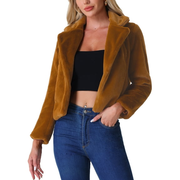 INSPIRE CHIC Women's Winter Fashion Loose Faux Fur Cropped Jacket Coat L Brown