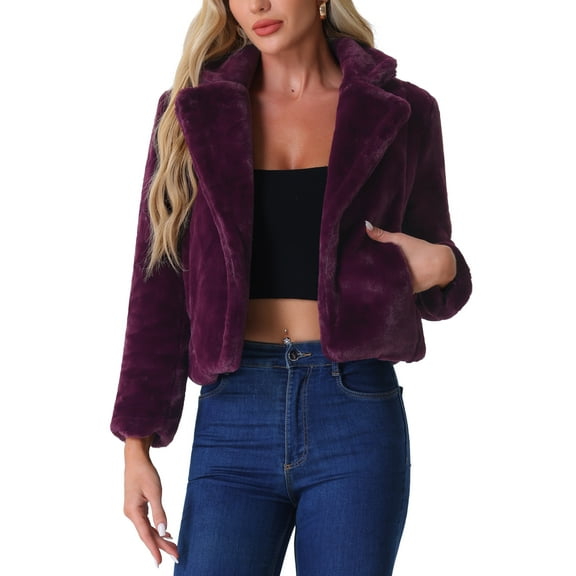 INSPIRE CHIC Women's Winter Fashion Loose Faux Fur Cropped Jacket Coat L Deep Purple