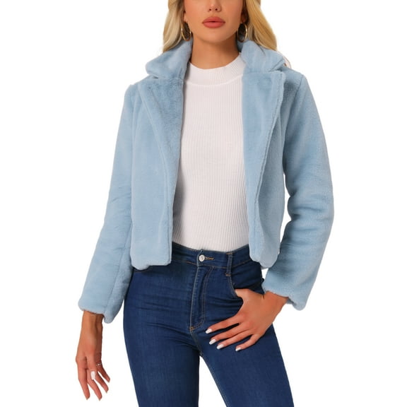 INSPIRE CHIC Women's Winter Fashion Loose Faux Fur Cropped Jacket Coat L Light Blue