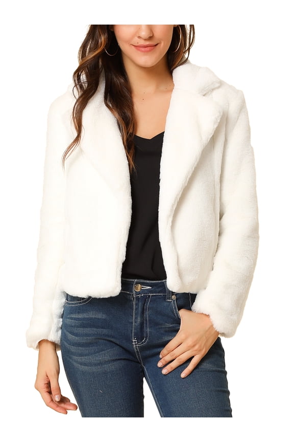 Women's Winter Fashion Loose Faux Fur Cropped Jacket Coat L White
