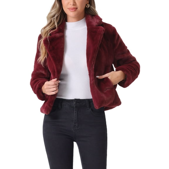 INSPIRE CHIC Women's Winter Fashion Loose Faux Fur Cropped Jacket Coat M Burgundy