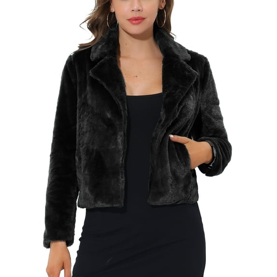 INSPIRE CHIC Women's Winter Fashion Loose Faux Fur Cropped Jacket Coat S Black