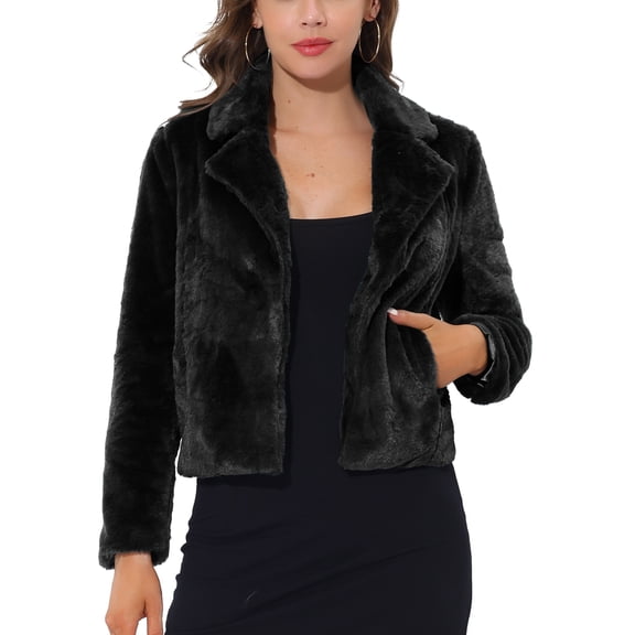 INSPIRE CHIC Women's Cropped Fur Jacket Lapel Fluffy Cardigan Shrug 2026 Winter Short Faux Fur Coat Outfits XL Black