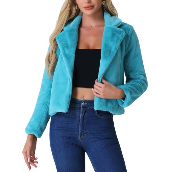 INSPIRE CHIC Women's Winter Fashion Loose Faux Fur Cropped Jacket Coat XS Peacock Blue