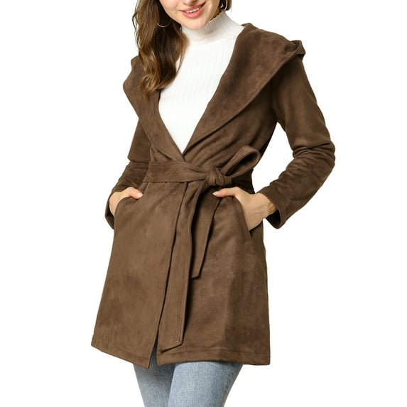 Allegra K Women's Winter Faux Suede Lapel Hooded Wrap Belted Long Trench Coat
