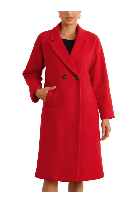 Women's Winter Notch Lapel Double-Breasted Mid-Length Long Coat M Red