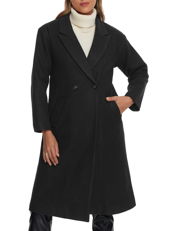 Women's Winter Notch Lapel Double-Breasted Mid-Length Long Coat XS Black