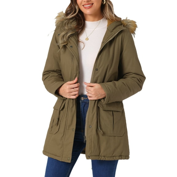 INSPIRE CHIC Women's Winter Parka Jacket Warm Windproof Long Puffer Coat with Faux Fur Hood 2XL Khaki
