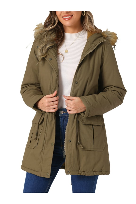 Women's Winter Parka Jacket Warm Windproof Long Puffer Coat with Faux Fur Hood 2XL Khaki
