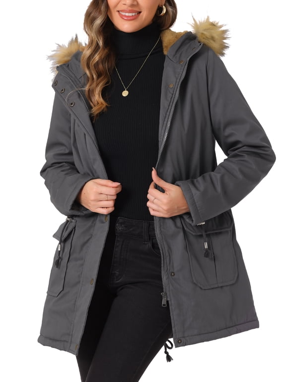 Women's Winter Parka Jacket Warm Windproof Long Puffer Coat with Faux Fur Hood L Grey