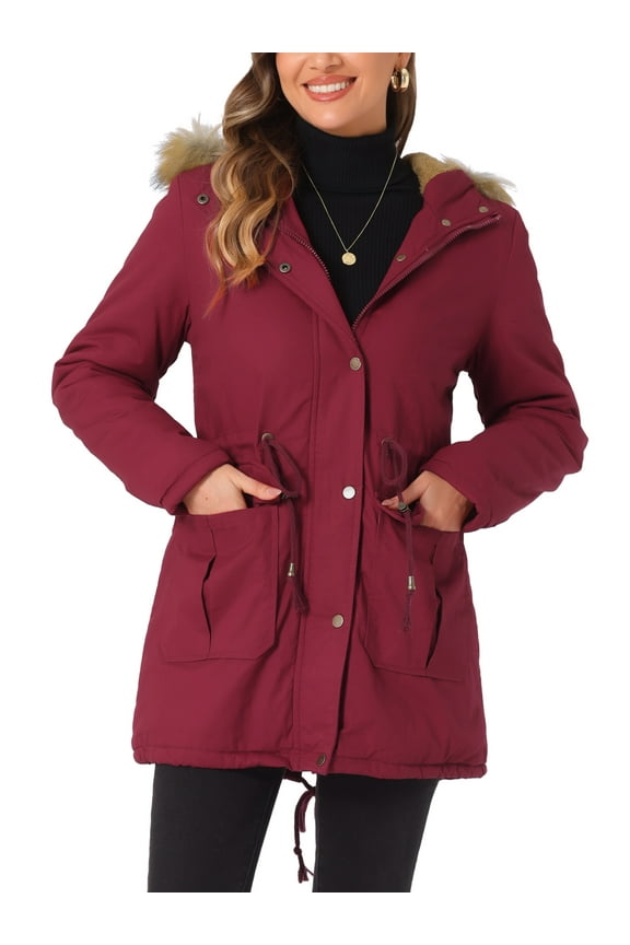 Allegra K Women's Winter Parka Jacket Warm Windproof Long Puffer Coat with Faux Fur Hood XL Dark Red