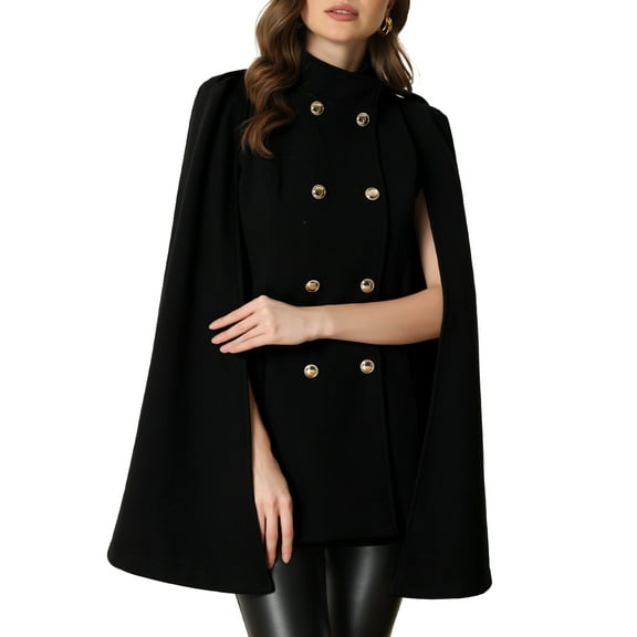 INSPIRE CHIC Women's Winter Slit Sleeve Double Breasted Cloak Coat L Black