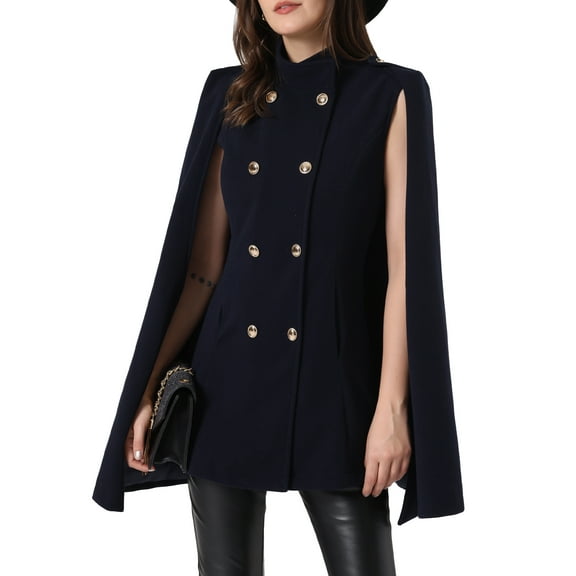 INSPIRE CHIC Women's Winter Slit Sleeve Double Breasted Cloak Coat XS Dark Blue