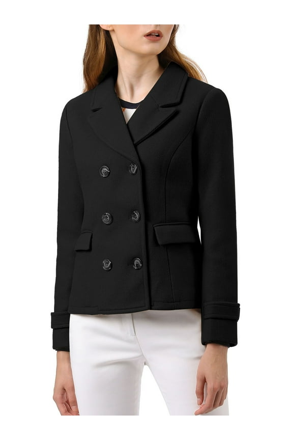 Women's Winter Worsted Notched Lapel Double Breasted Overcoat L Black