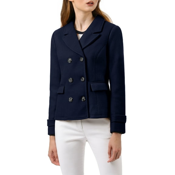 INSPIRE CHIC Women's Winter Worsted Notched Lapel Double Breasted Overcoat L Dark Blue