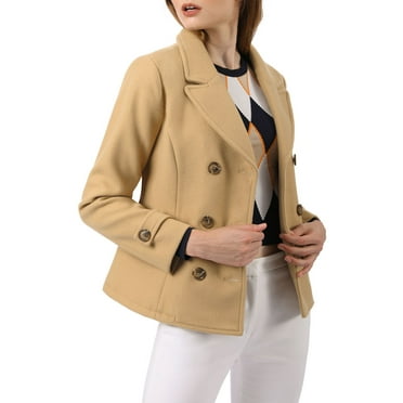 Allegra K Women's Winter Worsted Notched Lapel Double Breasted Overcoat L Khaki