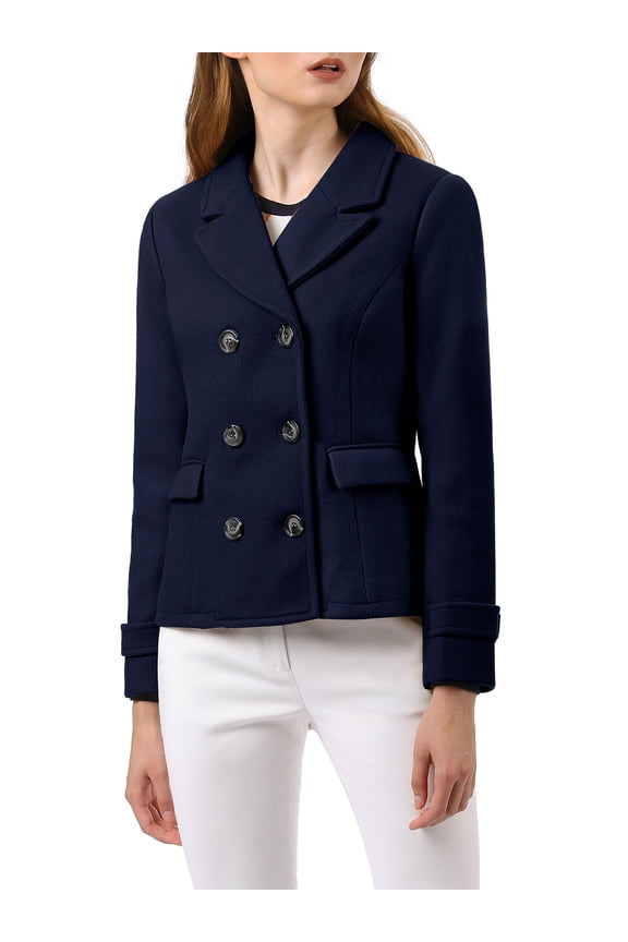Women's Winter Worsted Notched Lapel Double Breasted Overcoat S Dark Blue