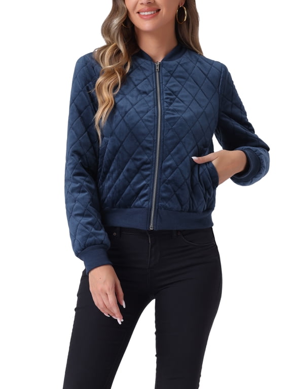 Women's Winter Zipper Velvet Surface Quilted Bomber Jacket with Pockets L Blue