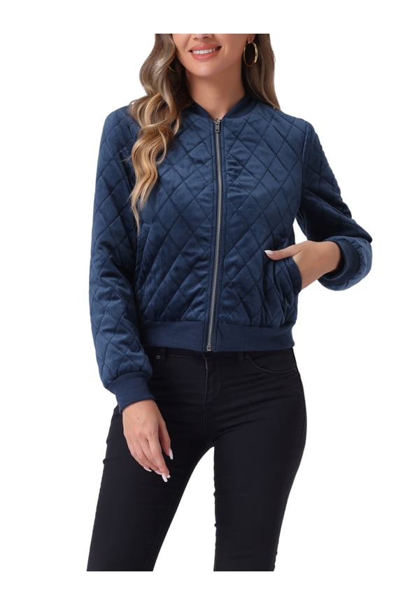 Women's Winter Zipper Velvet Surface Quilted Bomber Jacket with Pockets M Blue