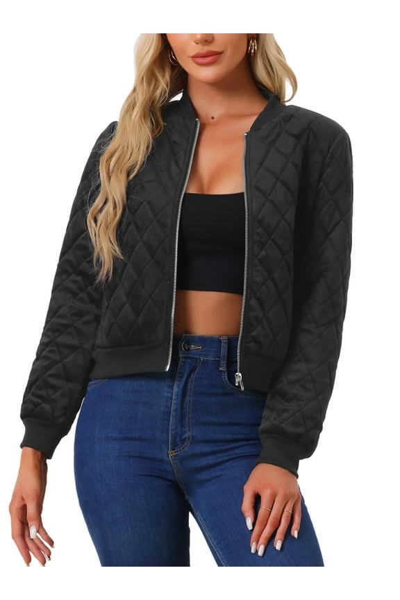 Women's Winter Zipper Velvet Surface Quilted Bomber Jacket with Pockets XS Black
