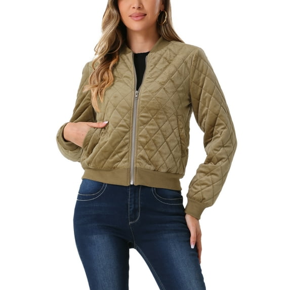 INSPIRE CHIC Women's Winter Zipper Velvet Surface Quilted Bomber Jacket with Pockets XS Light Khaki
