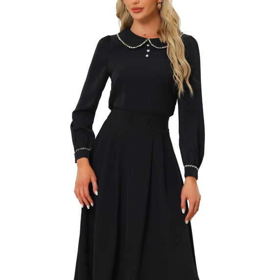 INSPIRE CHIC Women's Work Blouse Long Sleeve Peter Pan Tops S Black