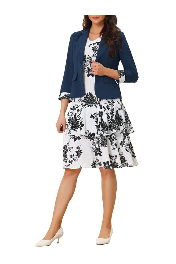 Women's Dress and Jacket 2 Piece Sets Chiffon Floral Sleeveless Dress and Contrast Panel Jacket M Navy Blue