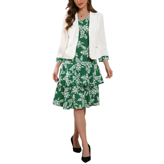INSPIRE CHIC St. Patrick's Day Women's 2 Piece Suit Set Notched Lapel Blazer Layered Dress Outfit S White Green