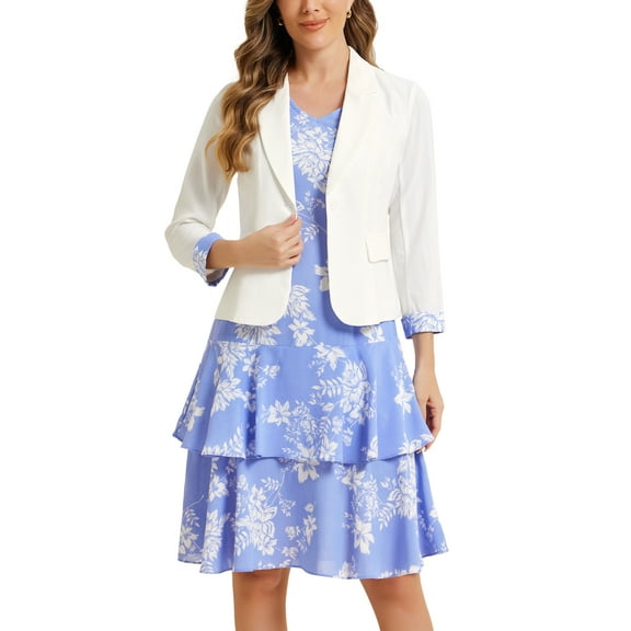 INSPIRE CHIC Women's Dress and Jacket 2 Piece Sets Chiffon Floral Sleeveless Dress and Contrast Panel Jacket XL White Blue