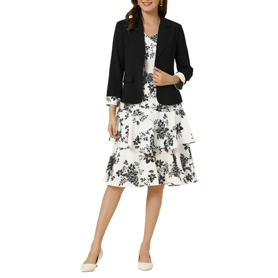 INSPIRE CHIC Women's Dress and Jacket 2 Piece Sets Chiffon Floral Sleeveless Dress and Contrast Panel Jacket Outfit Sets XS Black