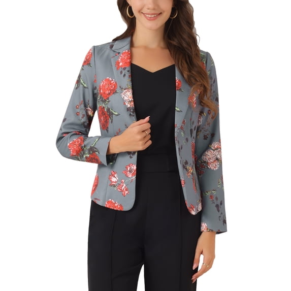 INSPIRE CHIC Women's Fitted Blazer Notch Lapel Printed Open Front Work Suit Jacket M Gray-Floral