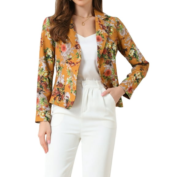 INSPIRE CHIC Women's Fitted Blazer Notch Lapel Printed Open Front Work Suit Jacket S Orange-Floral