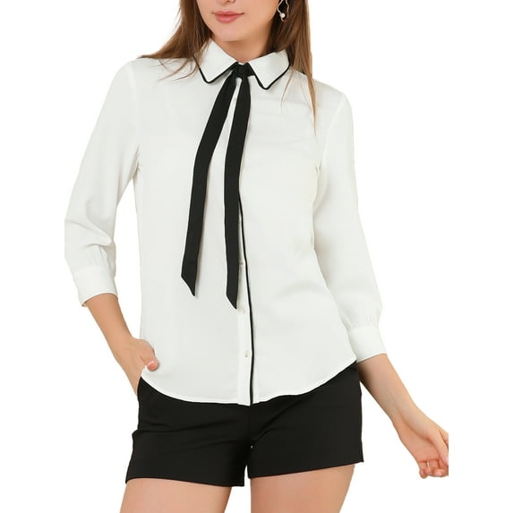 INSPIRE CHIC Women's Work Elegant 3/4 Sleeve Contrast Color Tie Neck Button Up Shirt