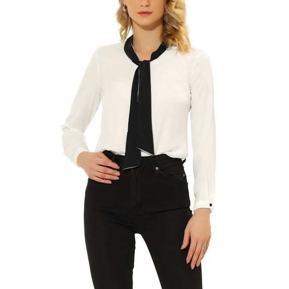 Allegra K Women's Work Elegant Contrast Tie Collar Shirt Long Sleeves Office Blouse