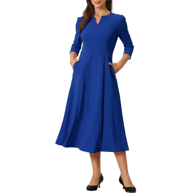 Allegra K Women's Work Office A-Line Dress Elegant 3/4 Sleeve Notched V ...
