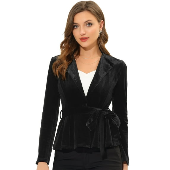 INSPIRE CHIC Women's Work Office Belted Notched Lapel Long Sleeves Velet Blazer XL Black