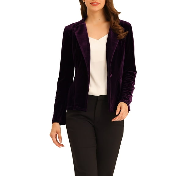 INSPIRE CHIC Women's Work Office Belted Notched Lapel Long Sleeves Velet Blazer XS Purple