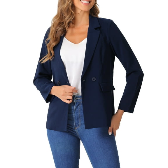 INSPIRE CHIC Women's Work Office Blazer Long Sleeve Suit Jacket Blazer XS Navy Blue