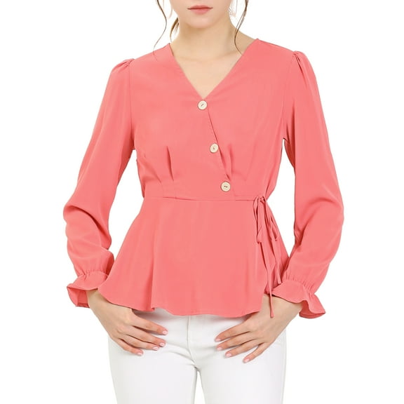 INSPIRE CHIC Women's Work Office Button Decor Long Sleeves Peplum Blouse Top M Watermelon Red