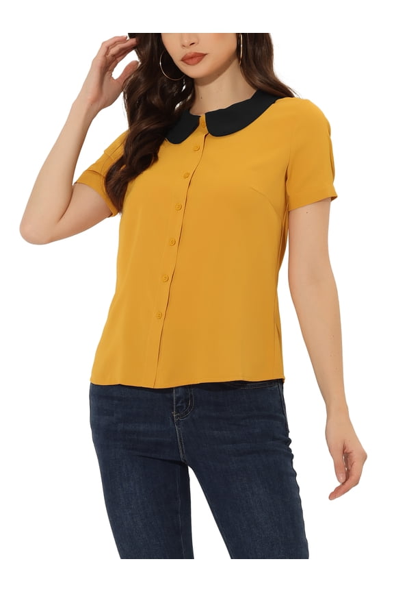 Women's Work Office Contrast Peter Pan Collar Short Sleeve Blouse Shirt S Yellow