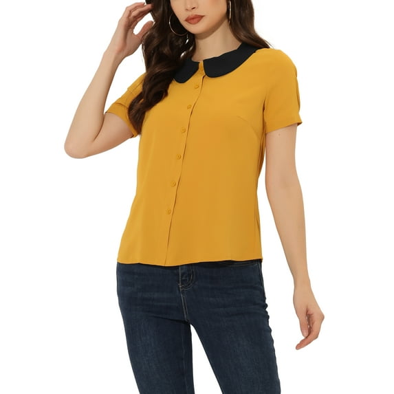 INSPIRE CHIC Women's Work Office Contrast Peter Pan Collar Short Sleeve Blouse Shirt L Yellow