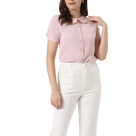 INSPIRE CHIC Women's Work Office Contrast Peter Pan Collar Short Sleeve Blouse Shirt XS Pink