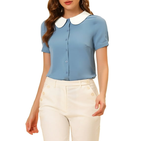INSPIRE CHIC Women's Work Office Contrast Peter Pan Collar Short Sleeve Blouse Shirt XS Black