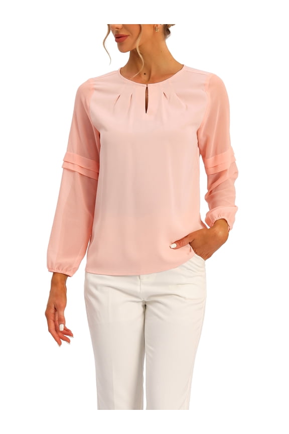 Women's Chiffon Blouse Keyhole Neck Patchwork Sleeve Elegant Work Top L Light Pink