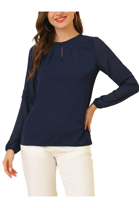 Women's Chiffon Blouse Keyhole Neck Patchwork Sleeve Elegant Work Top M Dark Blue